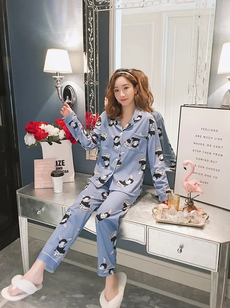 Spring Autumn Winter Long Sleeve Trousers Sleepwear Women's Cardigan Korean Style Outer Wear Casual Thin Homewear Two-piece Suit