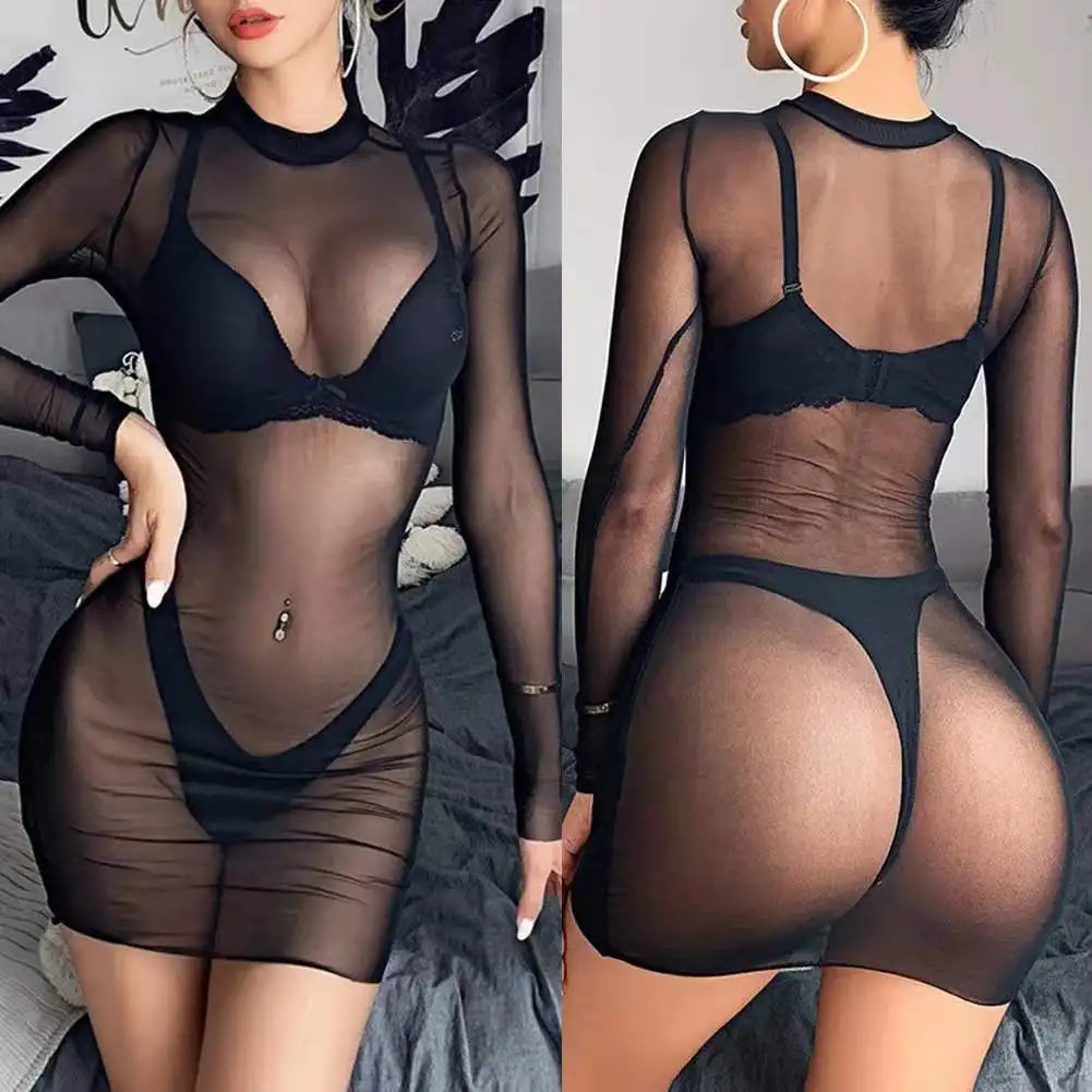Women See Through Transparent Hollow Out Dress Mock Neck Female Sexy Bodycon Dress Club Partywear Slim Stretchy Mini Dresses