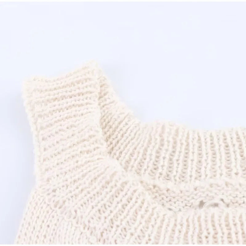 Women Knitted Hollow Out Mini Dresses Round Neck Sleeveless Off Shoulder Short Dress Lady Casual Summer Holiday Beach Robes