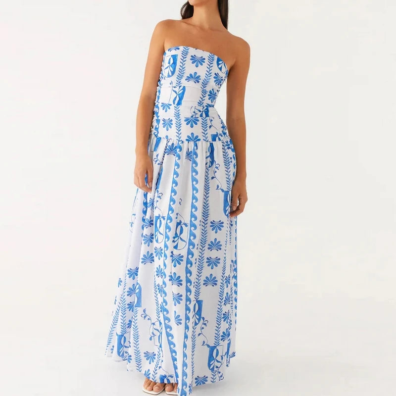 Maemukilabe Women Summer Strapless Maxi Dress Sexy A Line Flowy Tube Top Dress Y2K Elegant Wedding Party Cocktail Long Dresses