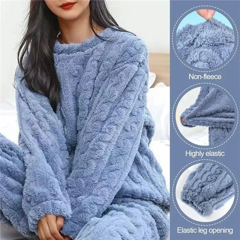 Women Coral Velvet Home Wear Set Warm Jacquard Sleepwear Comfortable Outfit for Winter Christmas and Back to School Season Gift