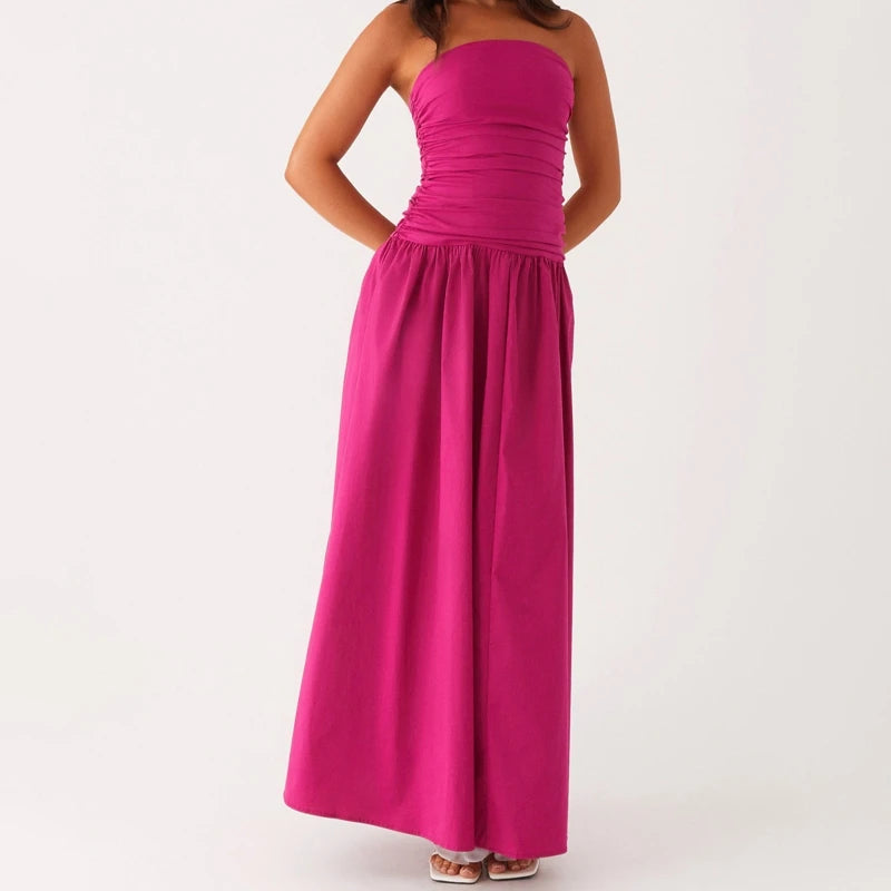 Maemukilabe Women Summer Strapless Maxi Dress Sexy A Line Flowy Tube Top Dress Y2K Elegant Wedding Party Cocktail Long Dresses