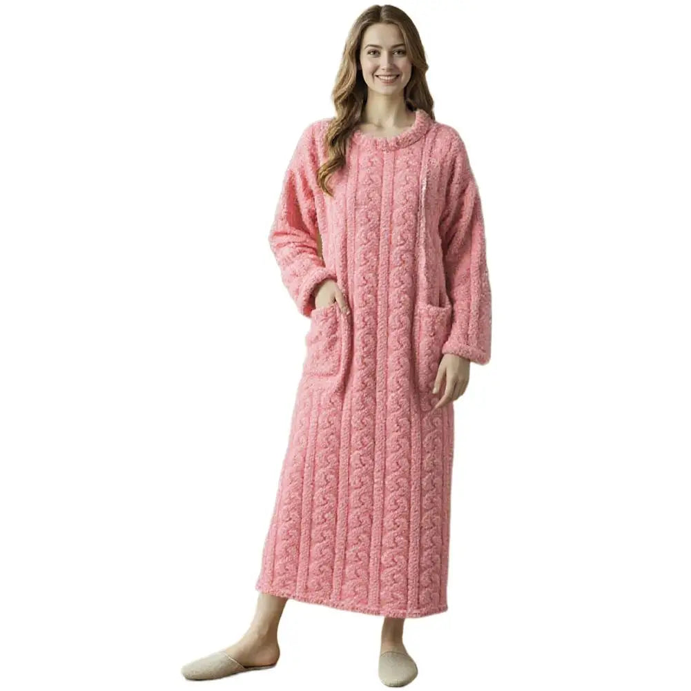 Flannel Nightgowns Long Sleeve Women Loose Double Pocket Solid Sleepwear Jacquard Night Dress Thickened Winter Warm Nightdress