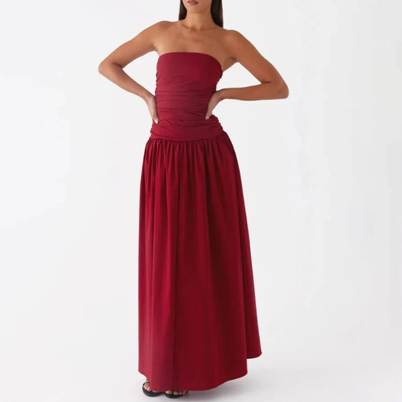 Maemukilabe Women Summer Strapless Maxi Dress Sexy A Line Flowy Tube Top Dress Y2K Elegant Wedding Party Cocktail Long Dresses