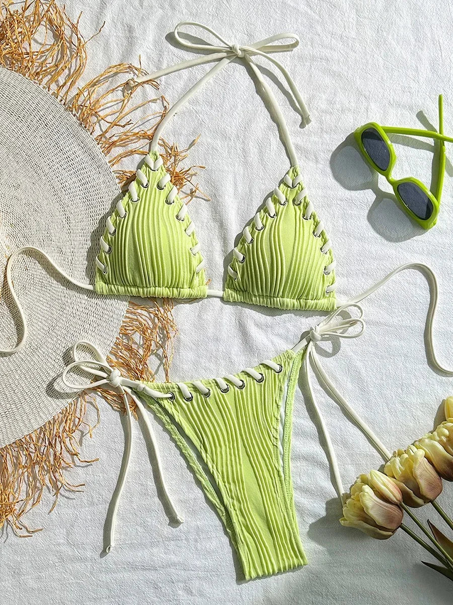 2025 Halter Wrinkled Weaved Bikini Women Swimwear Female Swimsuit Two Pieces Bikini Set Brazilian Bathing Suit Swim Beach Wear