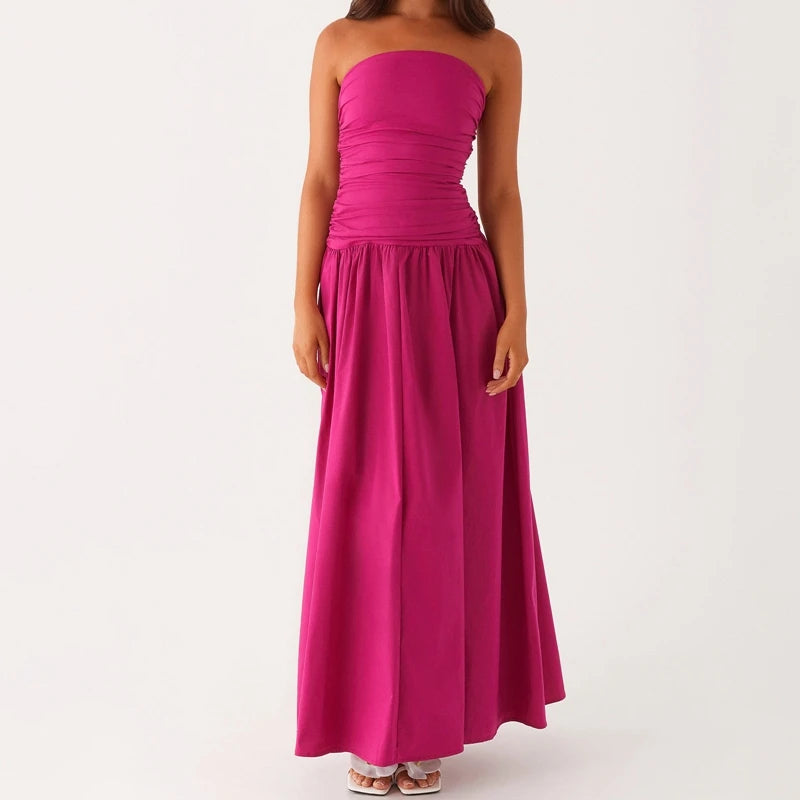Maemukilabe Women Summer Strapless Maxi Dress Sexy A Line Flowy Tube Top Dress Y2K Elegant Wedding Party Cocktail Long Dresses