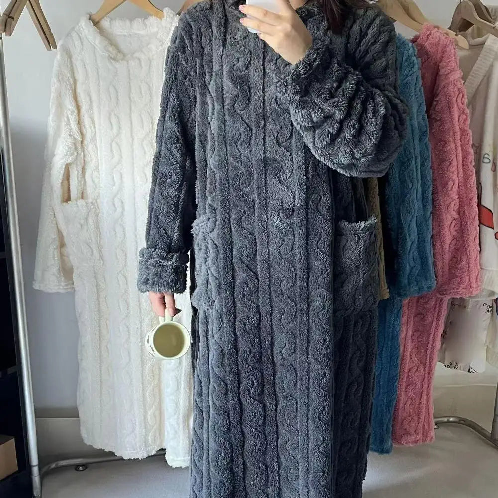 Flannel Nightgowns Long Sleeve Women Loose Double Pocket Solid Sleepwear Jacquard Night Dress Thickened Winter Warm Nightdress