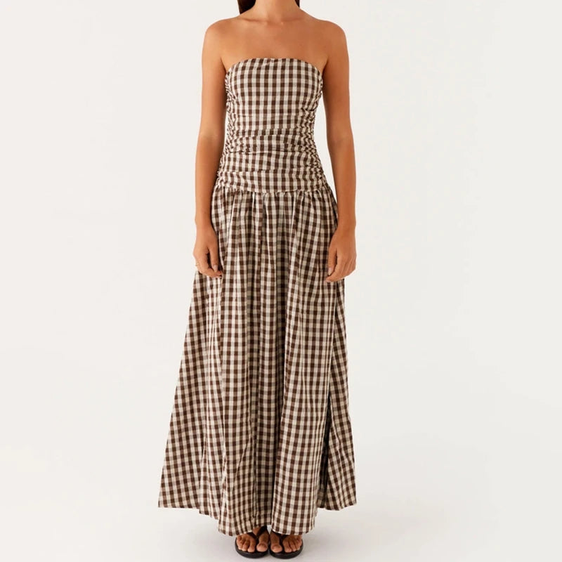 Maemukilabe Women Summer Strapless Maxi Dress Sexy A Line Flowy Tube Top Dress Y2K Elegant Wedding Party Cocktail Long Dresses