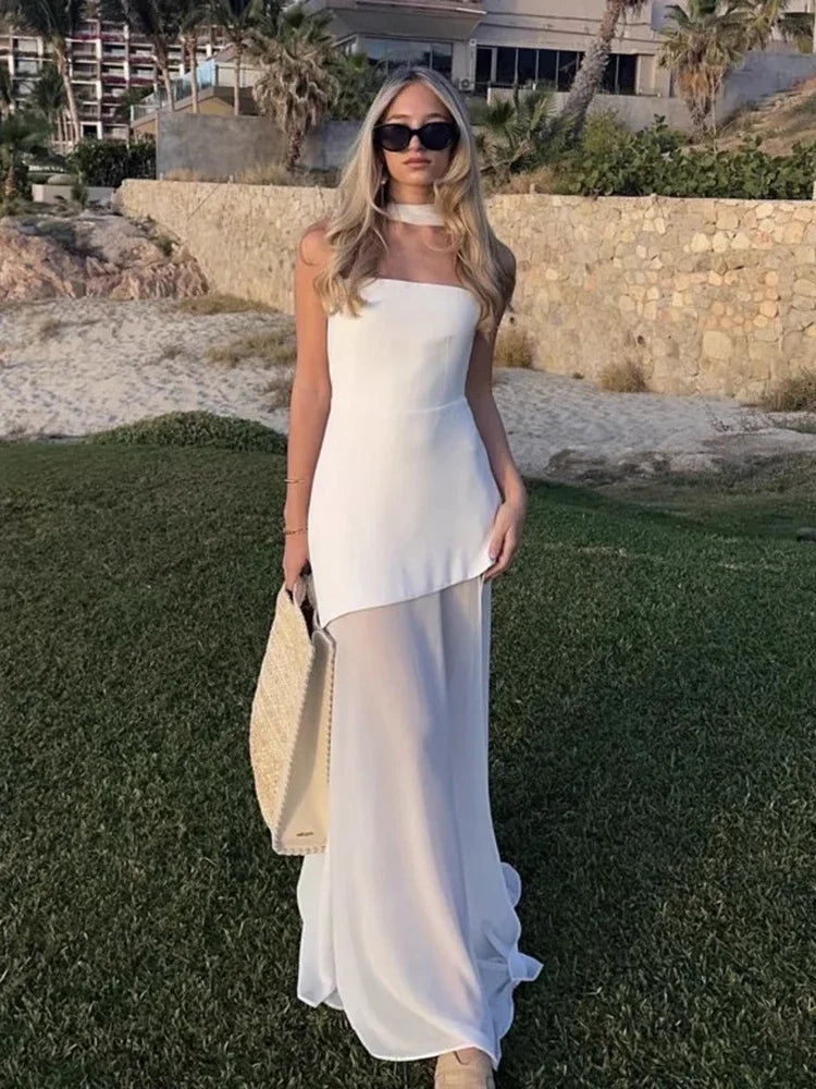 Elegant Strapless Dress With Ribbon Female Fashion Sleeveless Mesh Beach Vacation Long Robes 2025 Spring New Women's Dresses