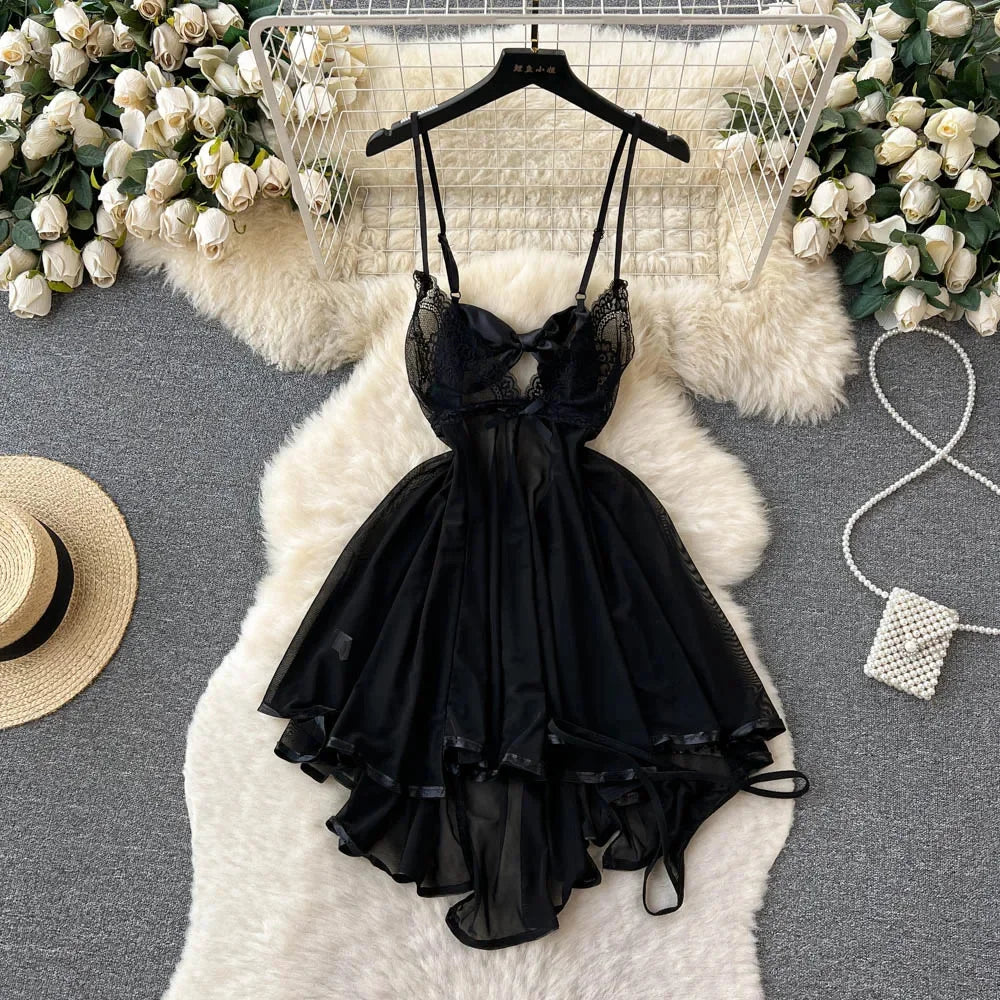 Sexy Women Night Dress Sleeveless Backless Porno Pajamas Floral Lace Erotic Nightwears+Thongs Satin Short Transparent Dresses
