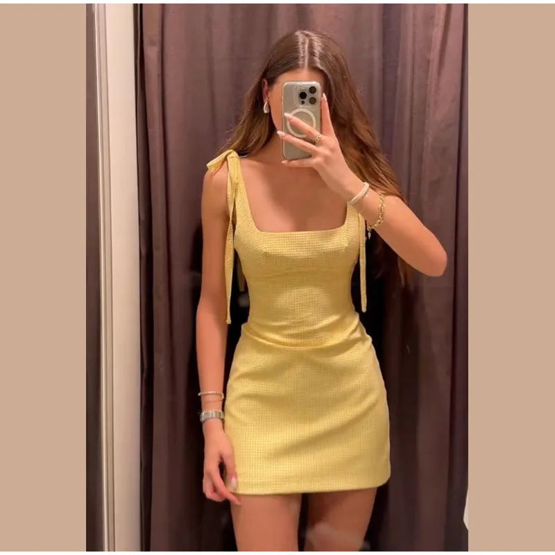 Women Knitted Hollow Out Mini Dresses Round Neck Sleeveless Off Shoulder Short Dress Lady Casual Summer Holiday Beach Robes
