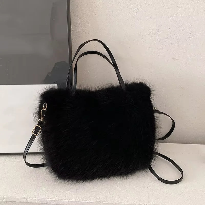HOMEFISH Faux Fur Tote Bag Women's Bucket Plush Luxury Design Ladies Handbags Soft Winter Crossbody Shoulder Bags Bolsa Feminina