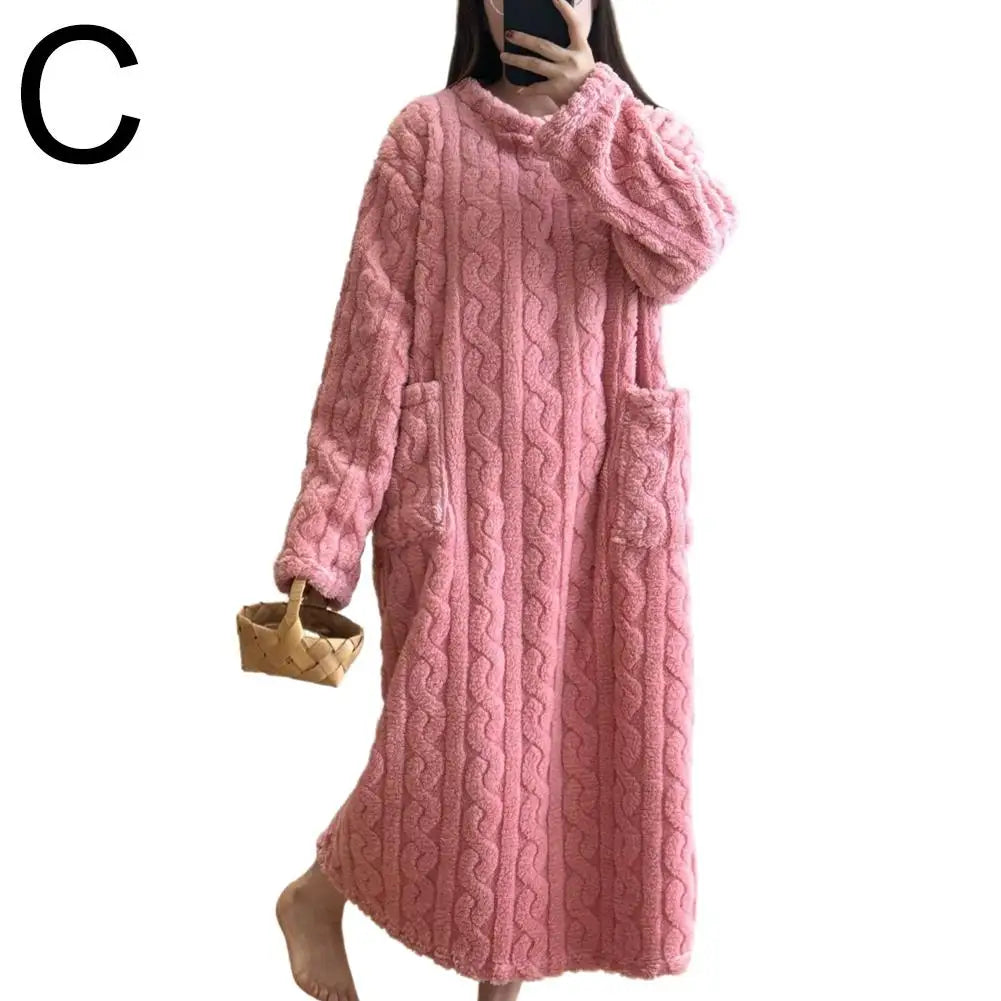 Flannel Nightgowns Long Sleeve Women Loose Double Pocket Solid Sleepwear Jacquard Night Dress Thickened Winter Warm Nightdress