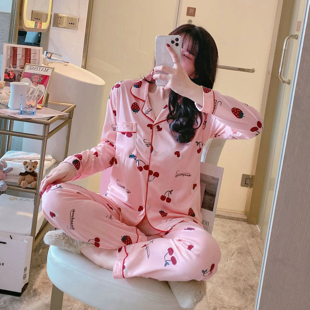 Spring Autumn Winter Long Sleeve Trousers Sleepwear Women's Cardigan Korean Style Outer Wear Casual Thin Homewear Two-piece Suit