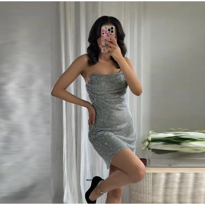 Rhinestone Shining Sexy Evening Dress Women Sleeveless Backless Slim Party Pleated Gown Female Dresses Street Vacation Lady Robe