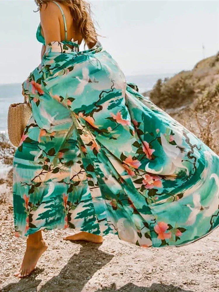2025 Beach Kimono Cover-up Loose Swimsuit Cover Up Front Open Belt Kaftan Robe Plage Beach Pareos Dress Tunic Beach Wear