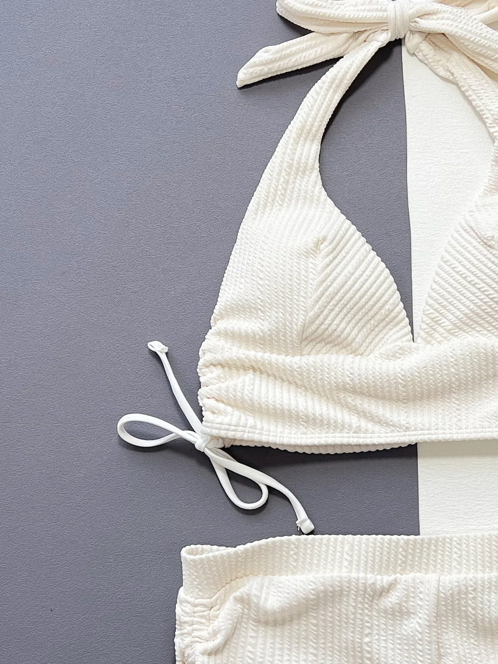 Sexy Pleate Drawstring High Waist Bikini Set Women White V Neck Push Up Two Piece Swimsuit 2024 Ribbed Bathing Suit Swimwear