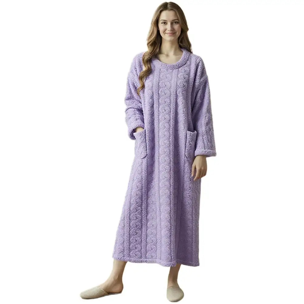 Flannel Nightgowns Long Sleeve Women Loose Double Pocket Solid Sleepwear Jacquard Night Dress Thickened Winter Warm Nightdress