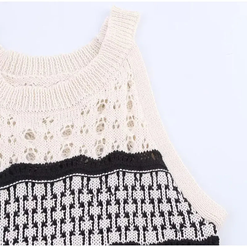 Women Knitted Hollow Out Mini Dresses Round Neck Sleeveless Off Shoulder Short Dress Lady Casual Summer Holiday Beach Robes