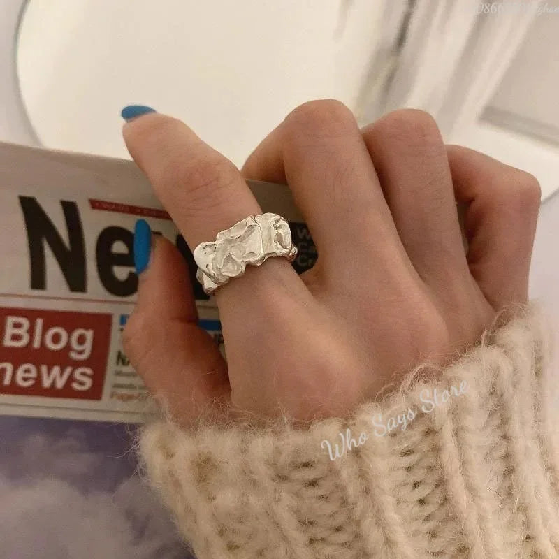 Irregular Pleated Ring for Women Men Open Adjustable Rings Wide Trendy Finger Rings Y2K Accessories Fashion Punk Jewelry