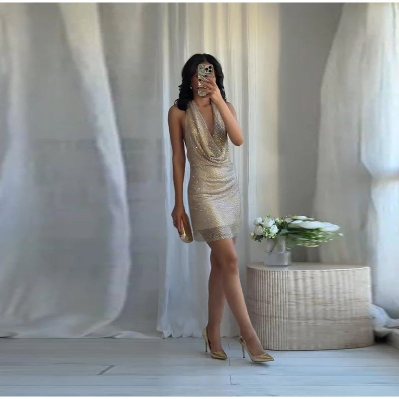 Rhinestone Shining Sexy Evening Dress Women Sleeveless Backless Slim Party Pleated Gown Female Dresses Street Vacation Lady Robe