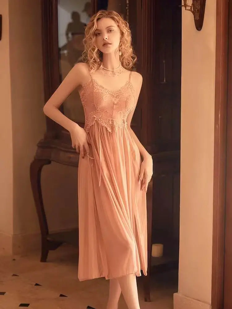 Womens Nightgown Sleepwear Long Split Mesh Perspective Home Clothes Hot Lace Nightdress Sexy Lingerie Dress Robe Underwear