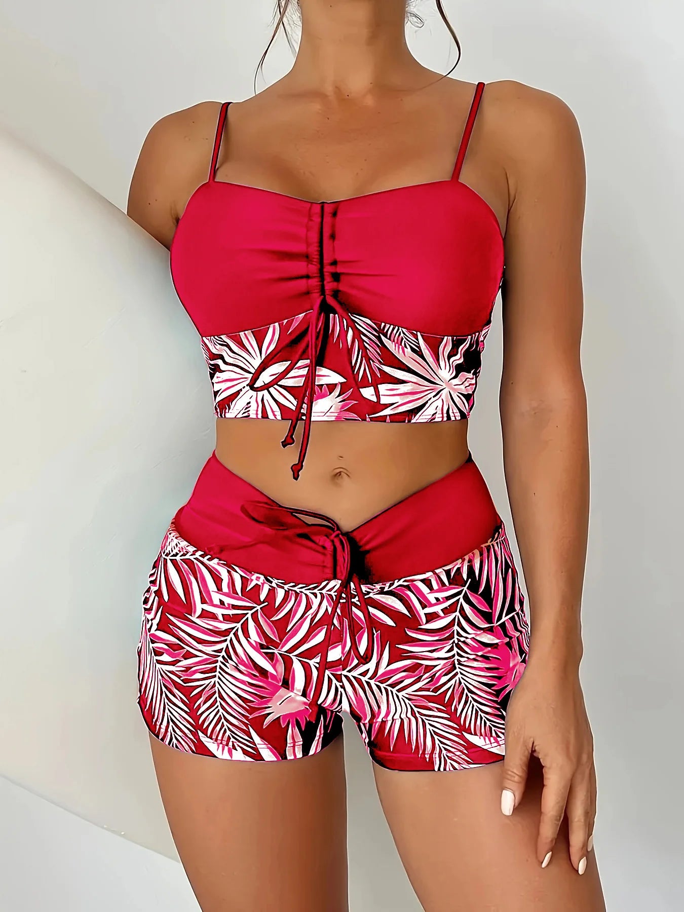 High Waist Bikini Women Vintage Floral Print Pleate Drawstring Push Up Patchwork Swimsuit 2025 Large Size Bathing Suit Swimwear