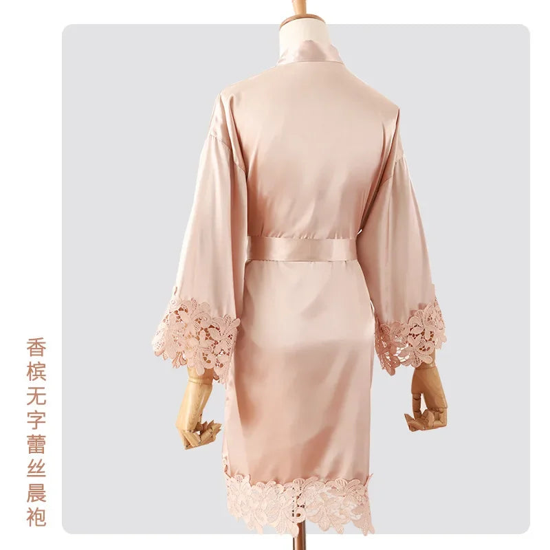 Sexy Embroidery Wedding Robe Patchwork Lace Kimono Bathrobe Gown Summer New Female Sleepwear Home Dress Loose Casual Loungewear