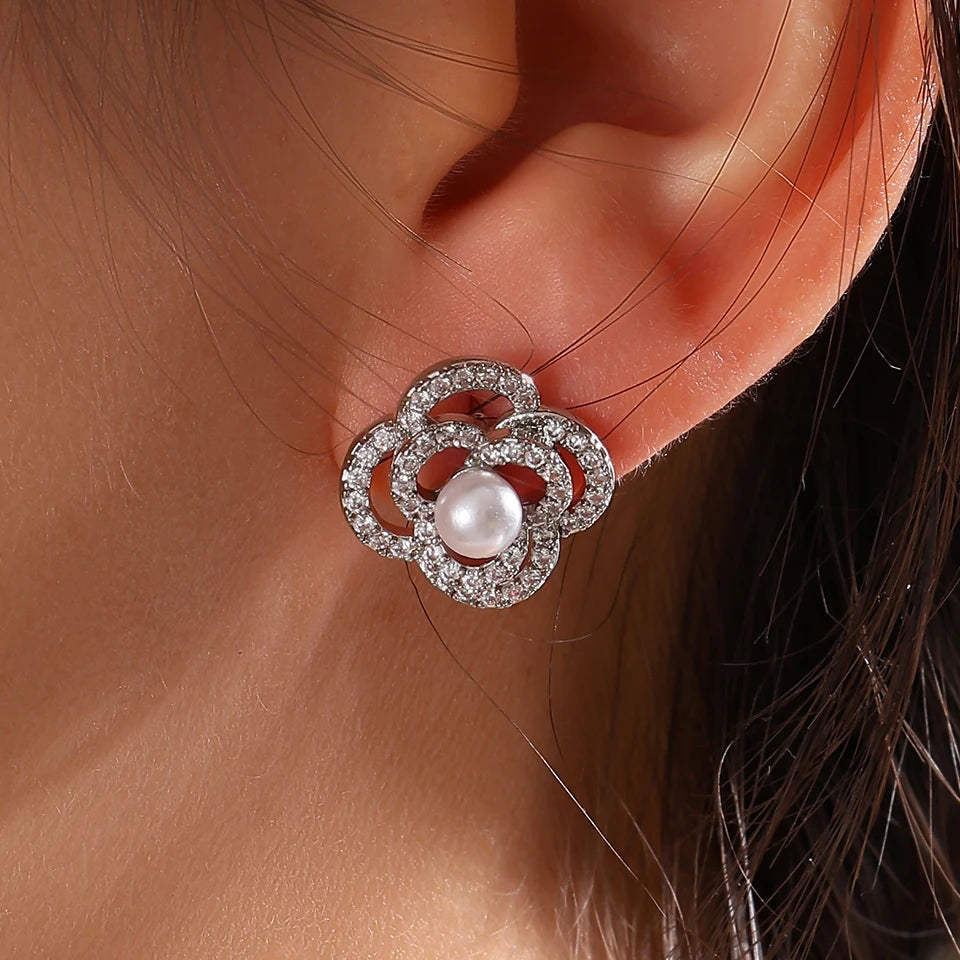 ZAKOL Luxury AAA Zircon Round Pearl Earrings for Women Irregular Stud Earring Temperament Wedding Party Jewelry