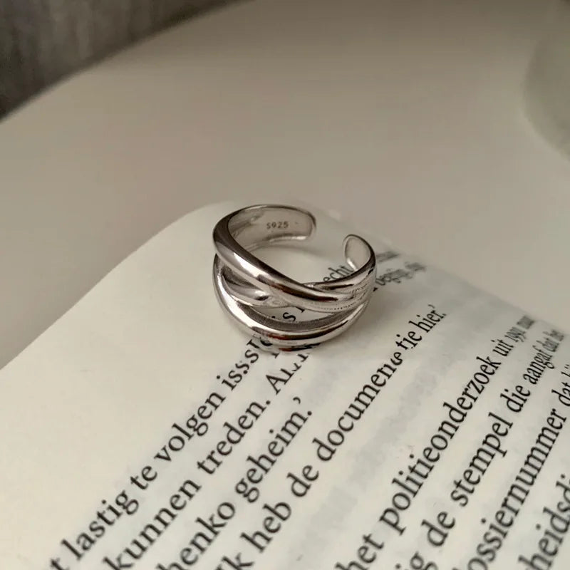 925 Silver Rings for Women Thick Wave Wide Solid Double-layer Punk Trendy Couple Female Party Birthday Gift
