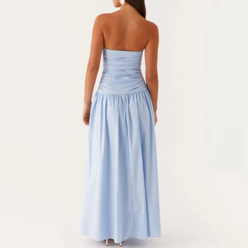 Maemukilabe Women Summer Strapless Maxi Dress Sexy A Line Flowy Tube Top Dress Y2K Elegant Wedding Party Cocktail Long Dresses