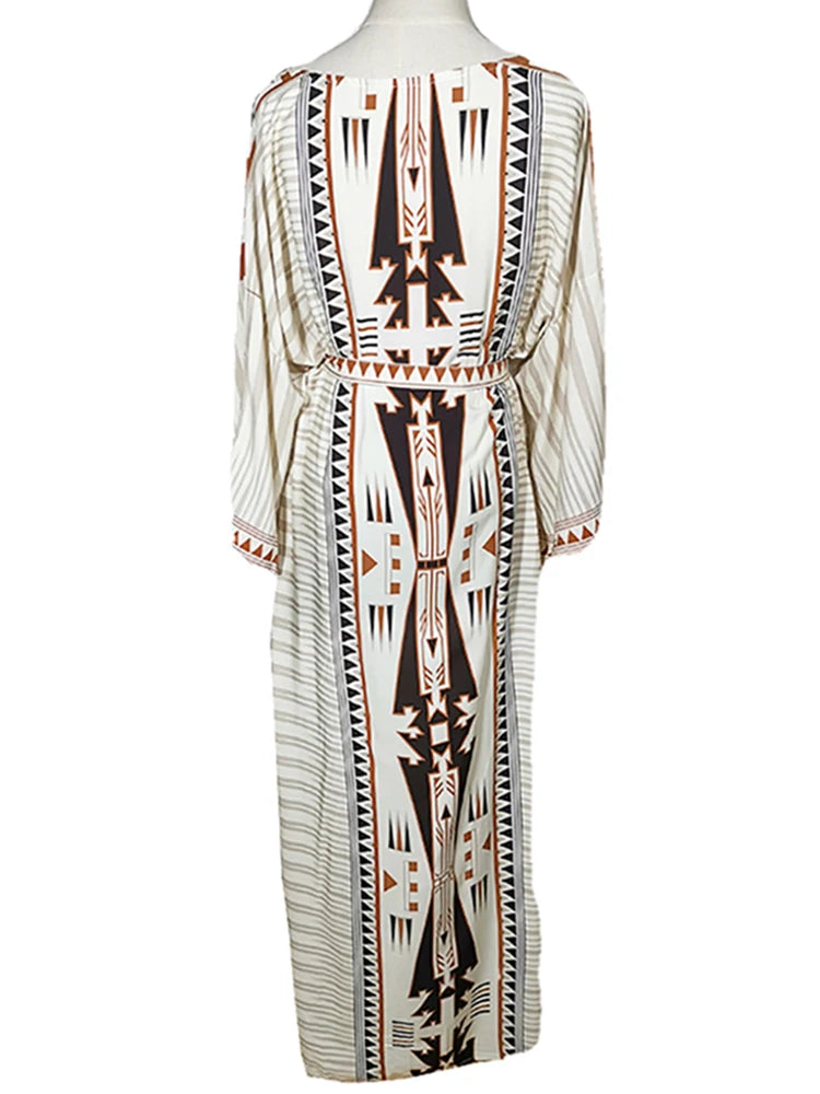 2025 Beach Kimono Cover-up Loose Swimsuit Cover Up Front Open Belt Kaftan Robe Plage Beach Pareos Dress Tunic Beach Wear