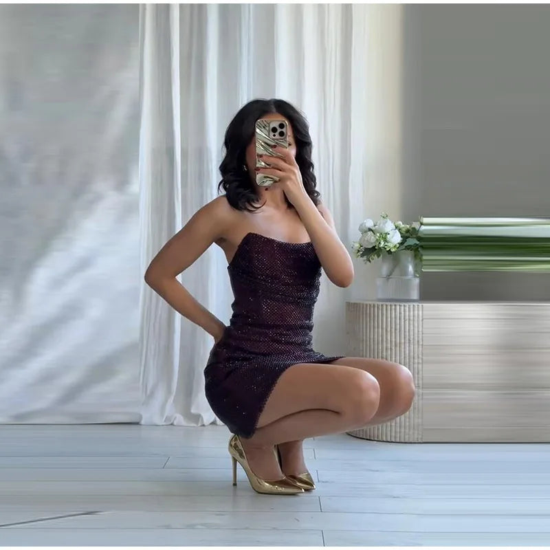 Rhinestone Shining Sexy Evening Dress Women Sleeveless Backless Slim Party Pleated Gown Female Dresses Street Vacation Lady Robe