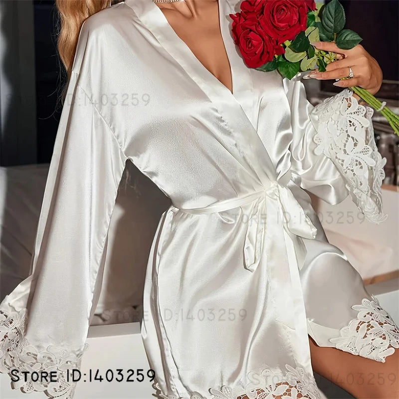 Sexy Embroidery Wedding Robe Patchwork Lace Kimono Bathrobe Gown Summer New Female Sleepwear Home Dress Loose Casual Loungewear