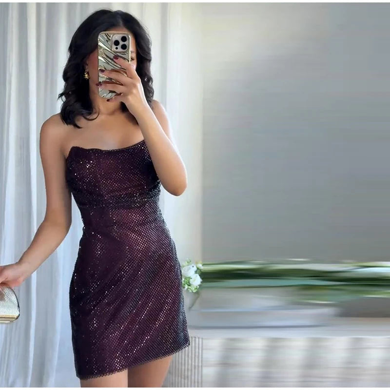 Rhinestone Shining Sexy Evening Dress Women Sleeveless Backless Slim Party Pleated Gown Female Dresses Street Vacation Lady Robe