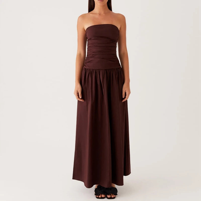 Maemukilabe Women Summer Strapless Maxi Dress Sexy A Line Flowy Tube Top Dress Y2K Elegant Wedding Party Cocktail Long Dresses