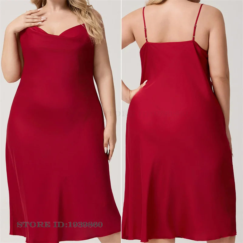 Sexy Burgundy Suspender Nightgown Intimate Lingerie Summer New Silk Satin Sleepwear Home Dress Plus Size Nightdress Loungewear