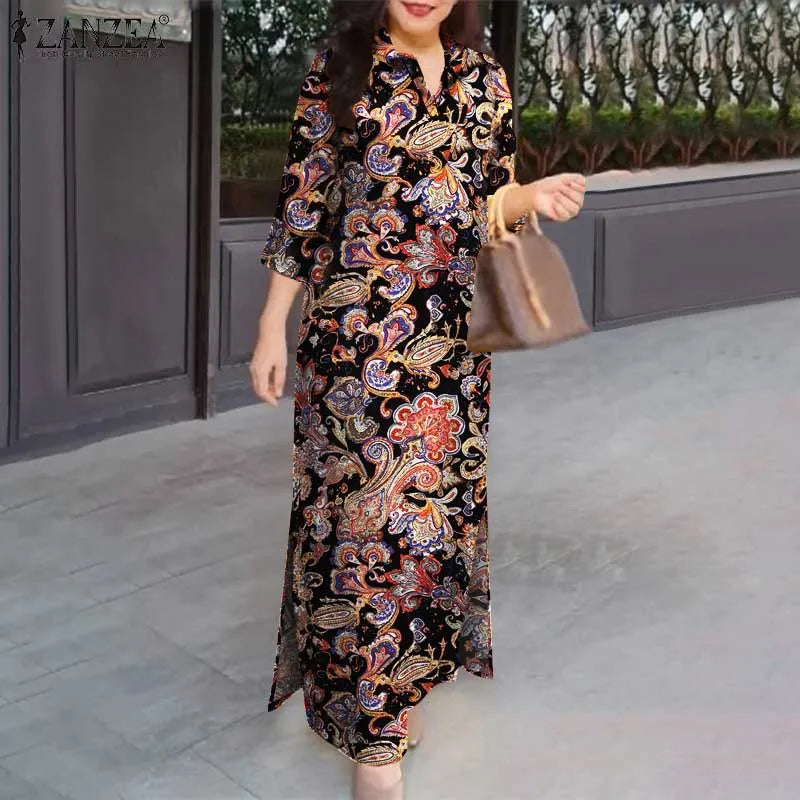 ZANZEA 2025 Autumn Casual Women's Floral Printed Long Dresses Vintage Dress Party Sundress Robe Lapel Neck 3/4 Sleeve Shirtdress