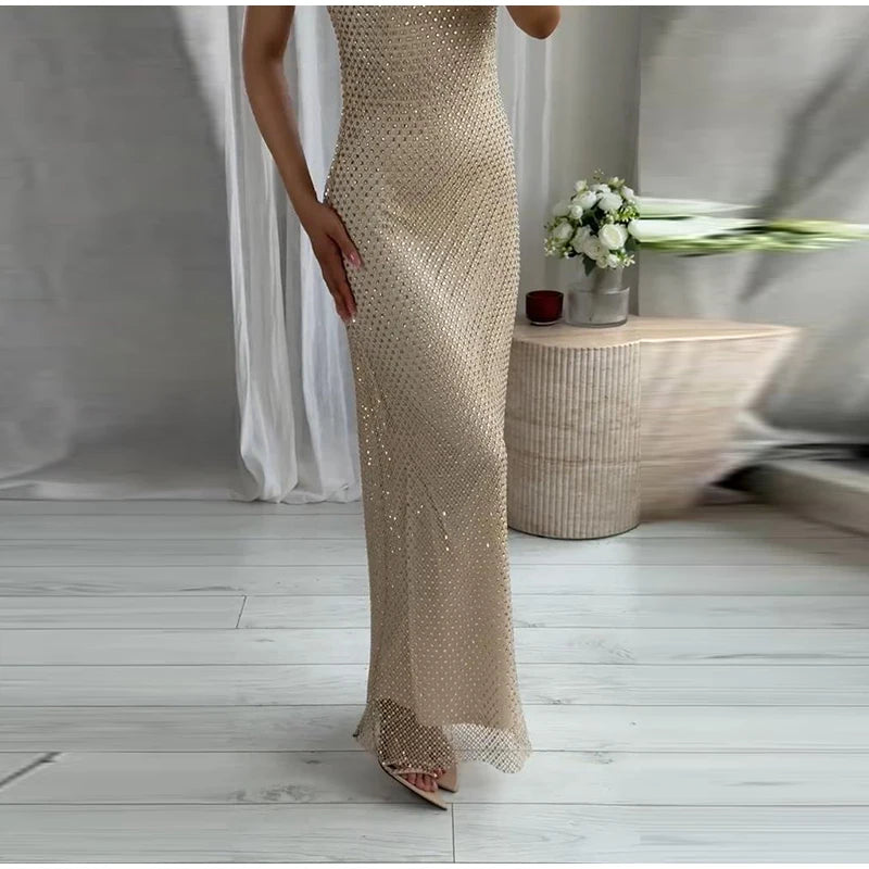 Rhinestone Shining Sexy Evening Dress Women Sleeveless Backless Slim Party Pleated Gown Female Dresses Street Vacation Lady Robe