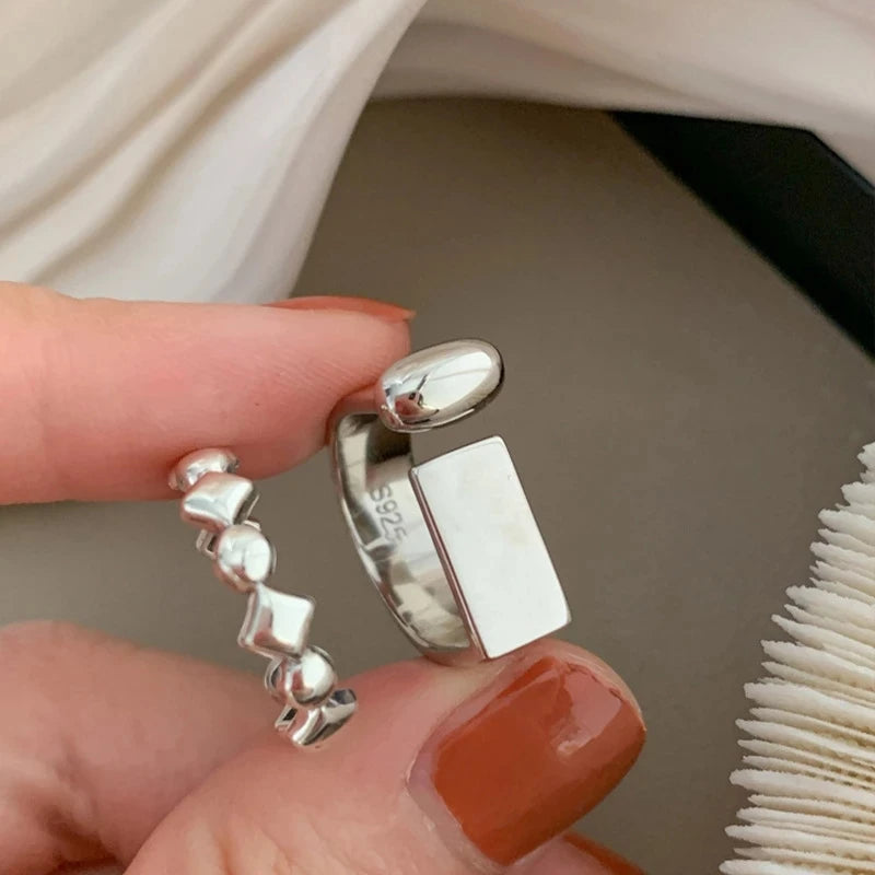 925 Silver Rings for Women Thick Wave Wide Solid Double-layer Punk Trendy Couple Female Party Birthday Gift