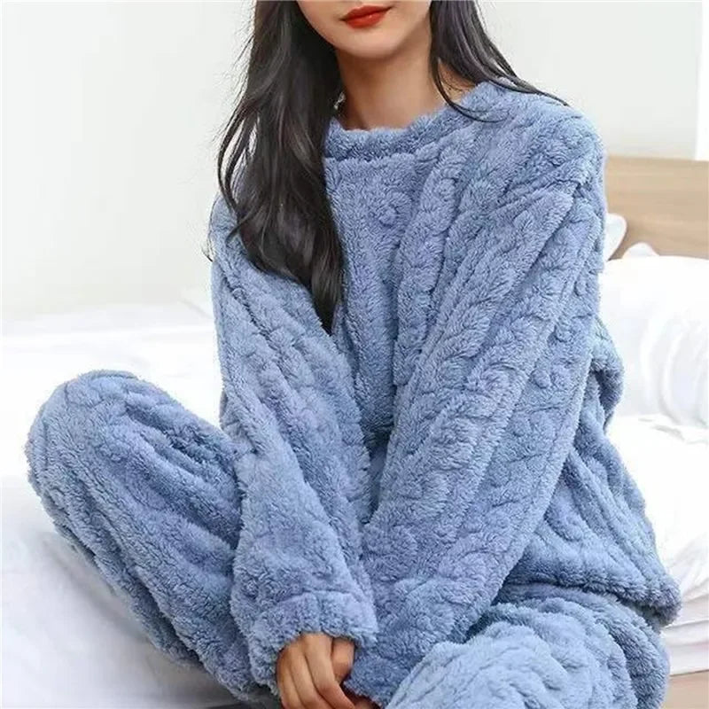 Women Coral Velvet Home Wear Set Warm Jacquard Sleepwear Comfortable Outfit for Winter Christmas and Back to School Season Gift