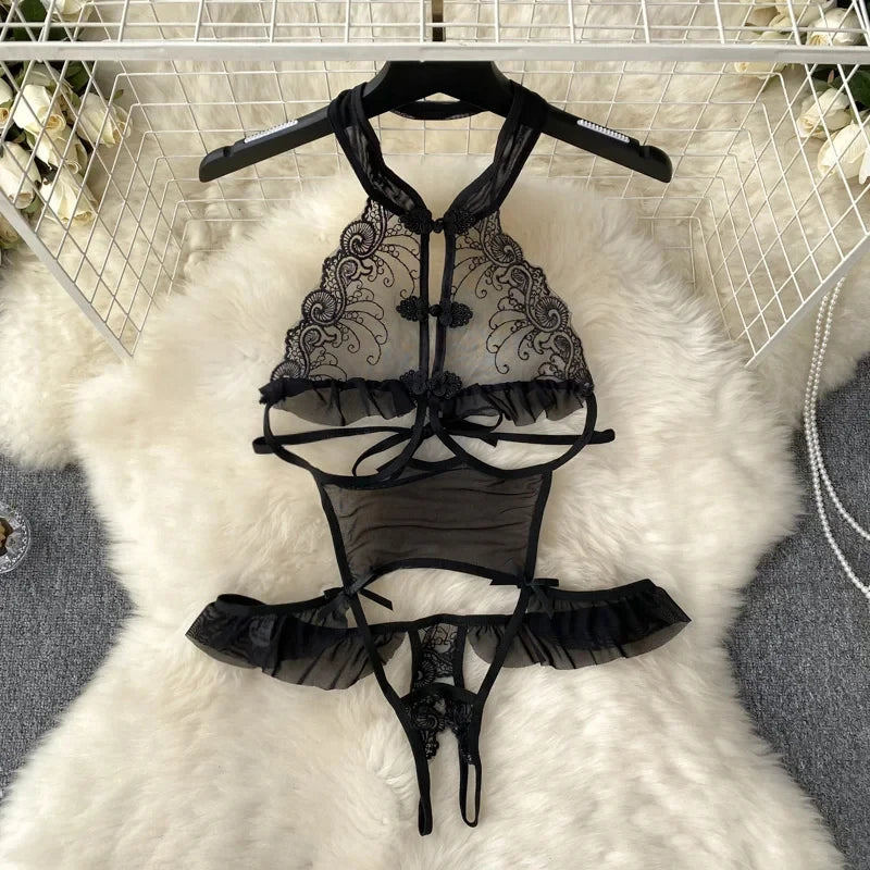 Sexy Women Night Dress Sleeveless Backless Porno Pajamas Floral Lace Erotic Nightwears+Thongs Satin Short Transparent Dresses
