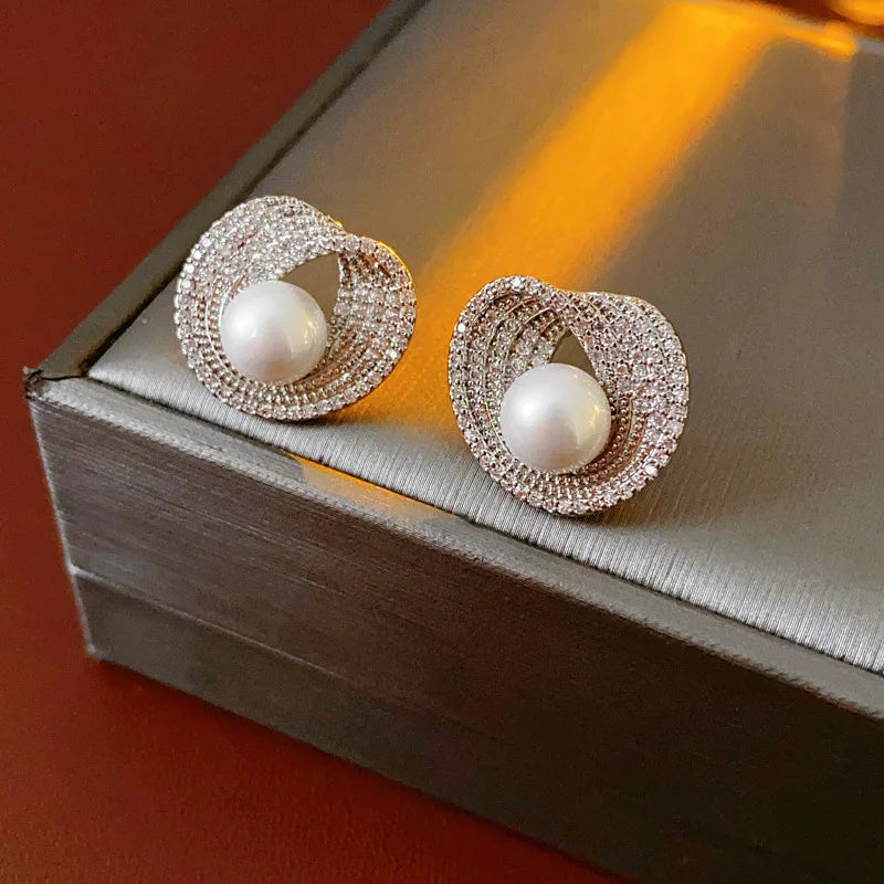 ZAKOL Luxury AAA Zircon Round Pearl Earrings for Women Irregular Stud Earring Temperament Wedding Party Jewelry