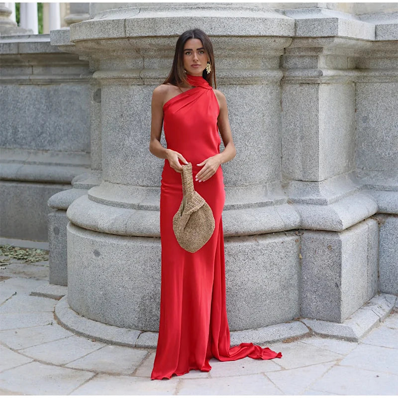Sexy Satin Ribbon Party Dress Women Elegant Halter Backless Off Shoulder Sleeveless Female Dresses 2024 Summer Solid Robe Gown