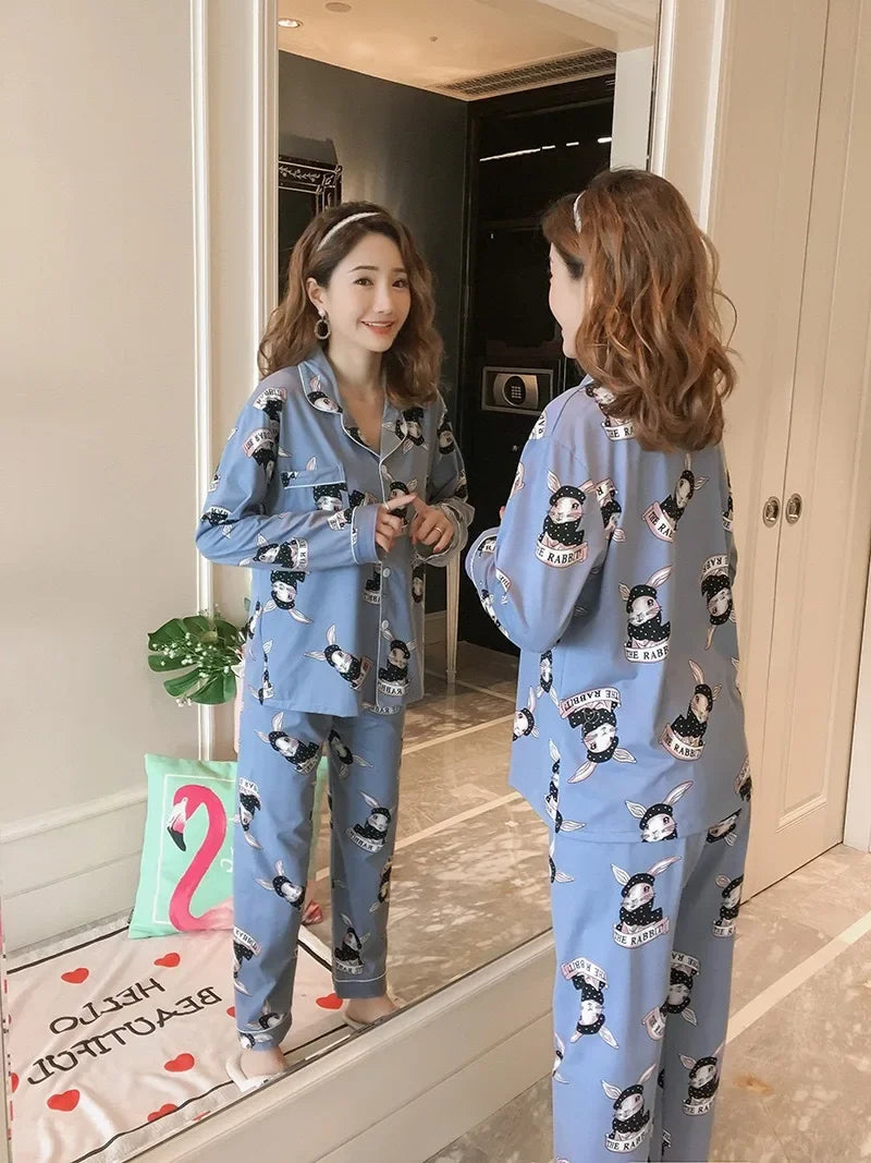 Spring Autumn Winter Long Sleeve Trousers Sleepwear Women's Cardigan Korean Style Outer Wear Casual Thin Homewear Two-piece Suit