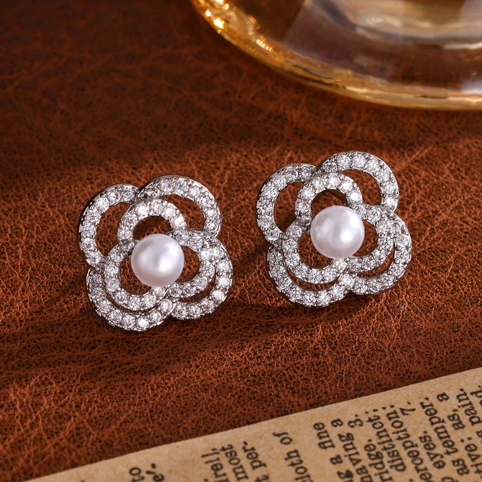 ZAKOL Luxury AAA Zircon Round Pearl Earrings for Women Irregular Stud Earring Temperament Wedding Party Jewelry
