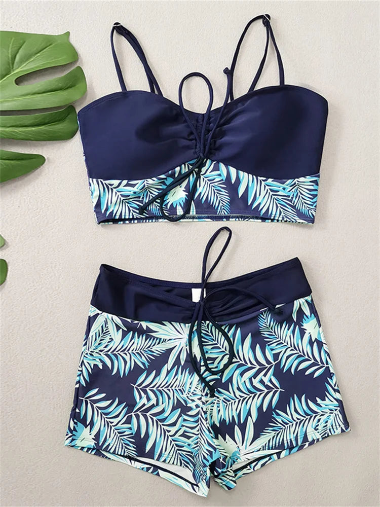 High Waist Bikini Women Vintage Floral Print Pleate Drawstring Push Up Patchwork Swimsuit 2025 Large Size Bathing Suit Swimwear