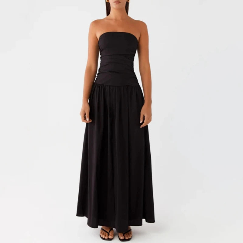 Maemukilabe Women Summer Strapless Maxi Dress Sexy A Line Flowy Tube Top Dress Y2K Elegant Wedding Party Cocktail Long Dresses