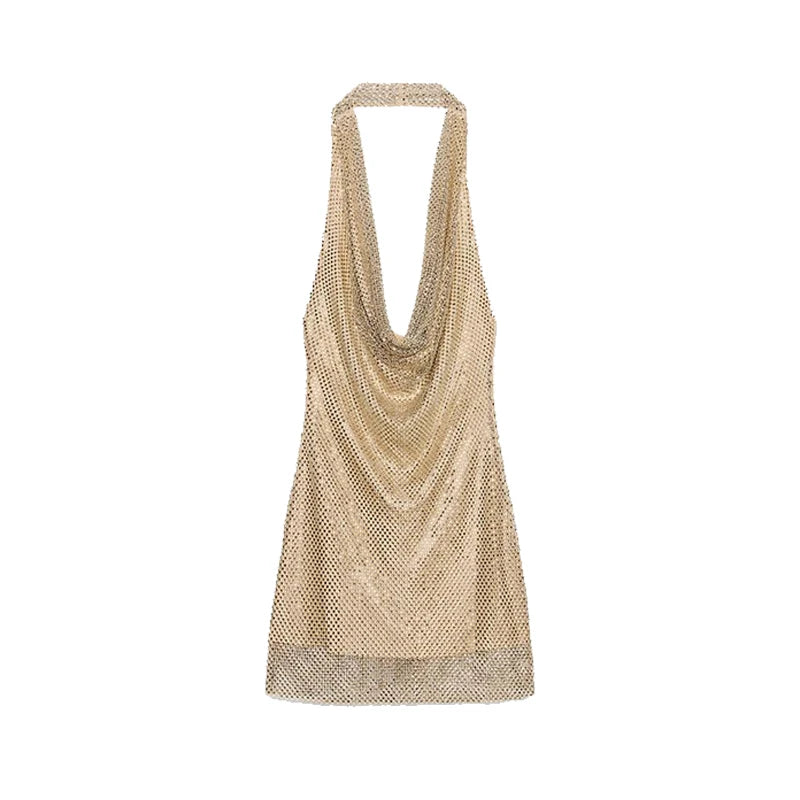 Rhinestone Shining Sexy Evening Dress Women Sleeveless Backless Slim Party Pleated Gown Female Dresses Street Vacation Lady Robe