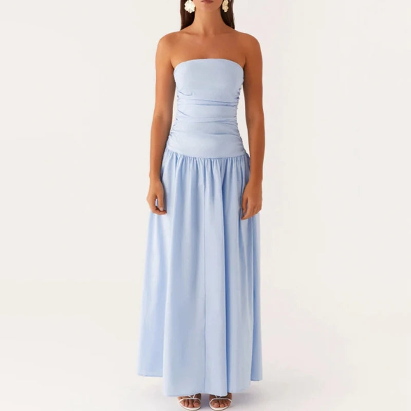 Maemukilabe Women Summer Strapless Maxi Dress Sexy A Line Flowy Tube Top Dress Y2K Elegant Wedding Party Cocktail Long Dresses